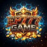EP777 Game logo with flaming wings and golden coins against a blue hexagonal grid background